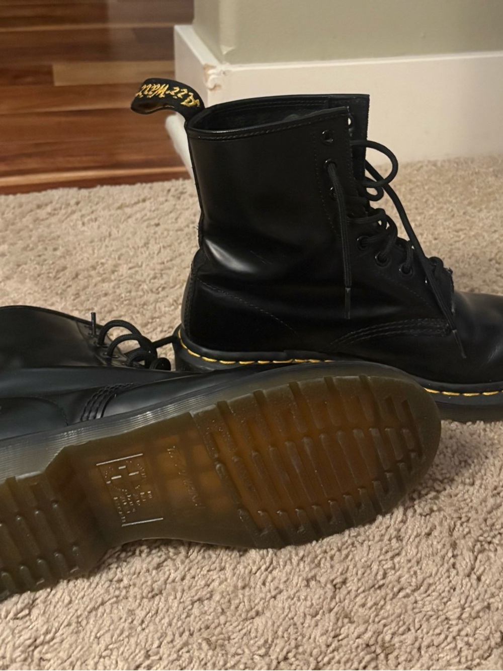 Dr. Martens Black Leather Lace-Up Ankle Boots with Yellow Heel Loop